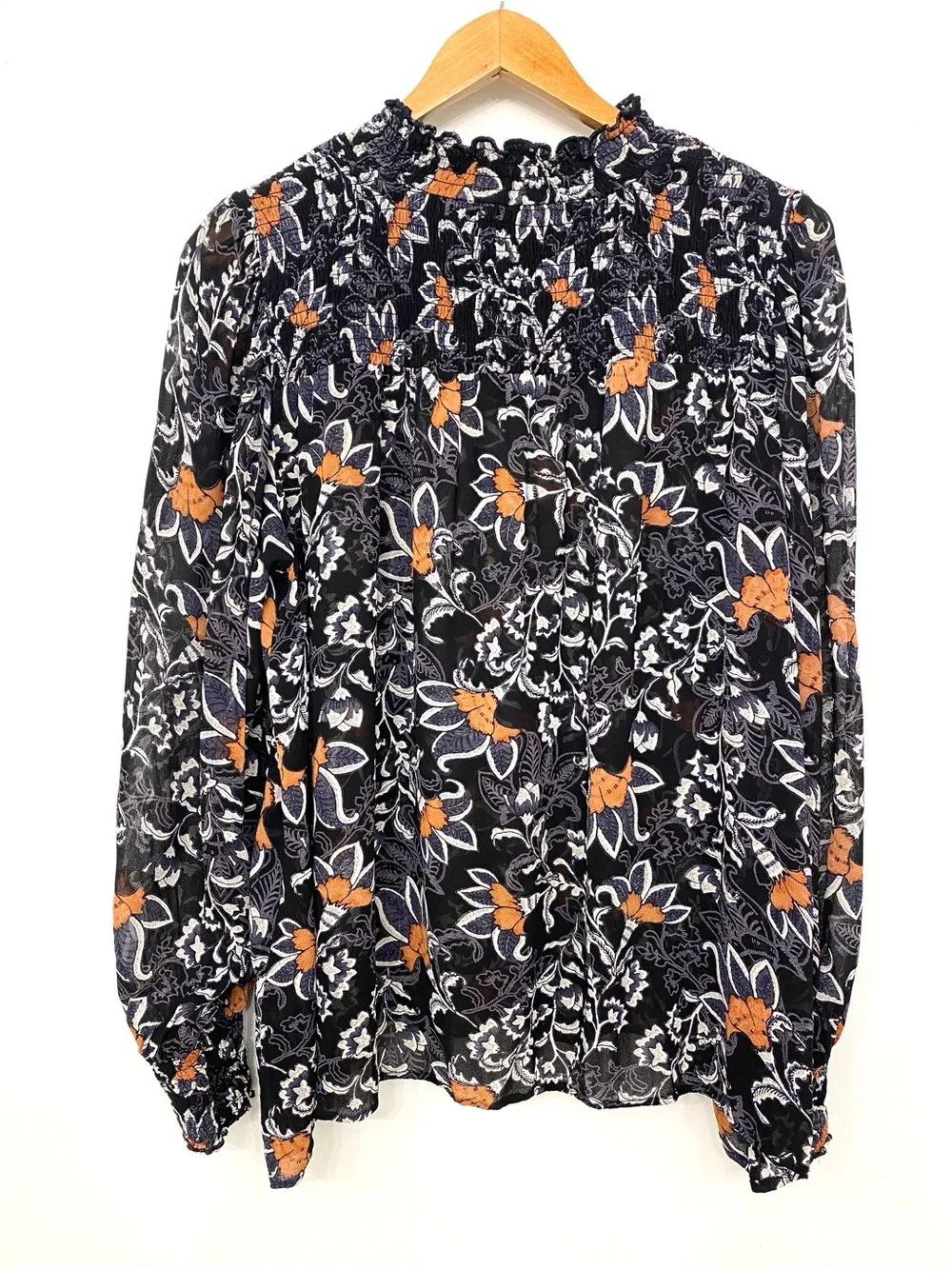 B. Copenhagen Floral Smocked Neck Sheer Blouse Black Burnt Apricot Paisley US M - Picture 3 of 14